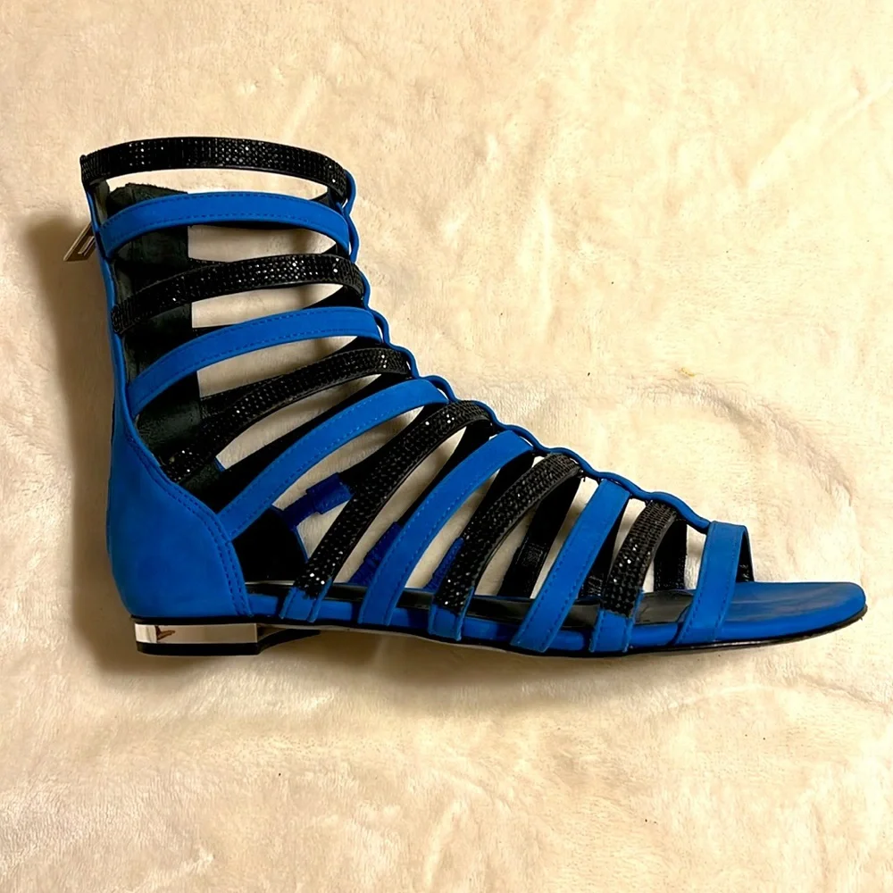 SCHUTZ. Blue and Black Gladiator Sandals with Silver Heel. Zipper. Size 8.